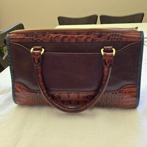 BRAHMIN "THE SATCHEL" IN PECAN CONCORDIA.  BROWN WITH TURQUOISE TRIM.